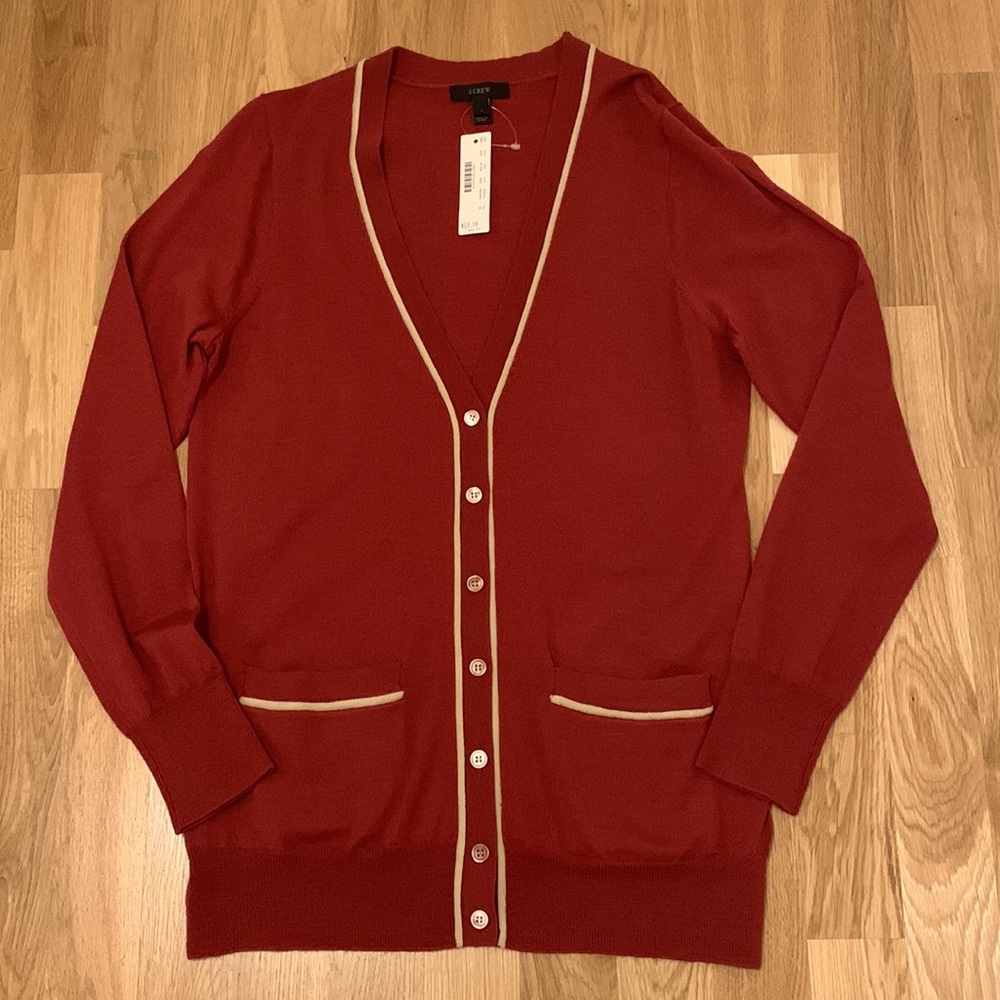 Medium women’s J.CREW maroon with cream trim cardigan. NWT’s, 100% merino wool